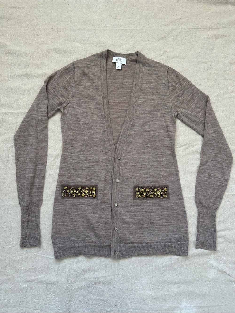 Ann Taylor LOFT Wool Blend Embellished Long Sleeve Taupe Cardigan Sweater XS